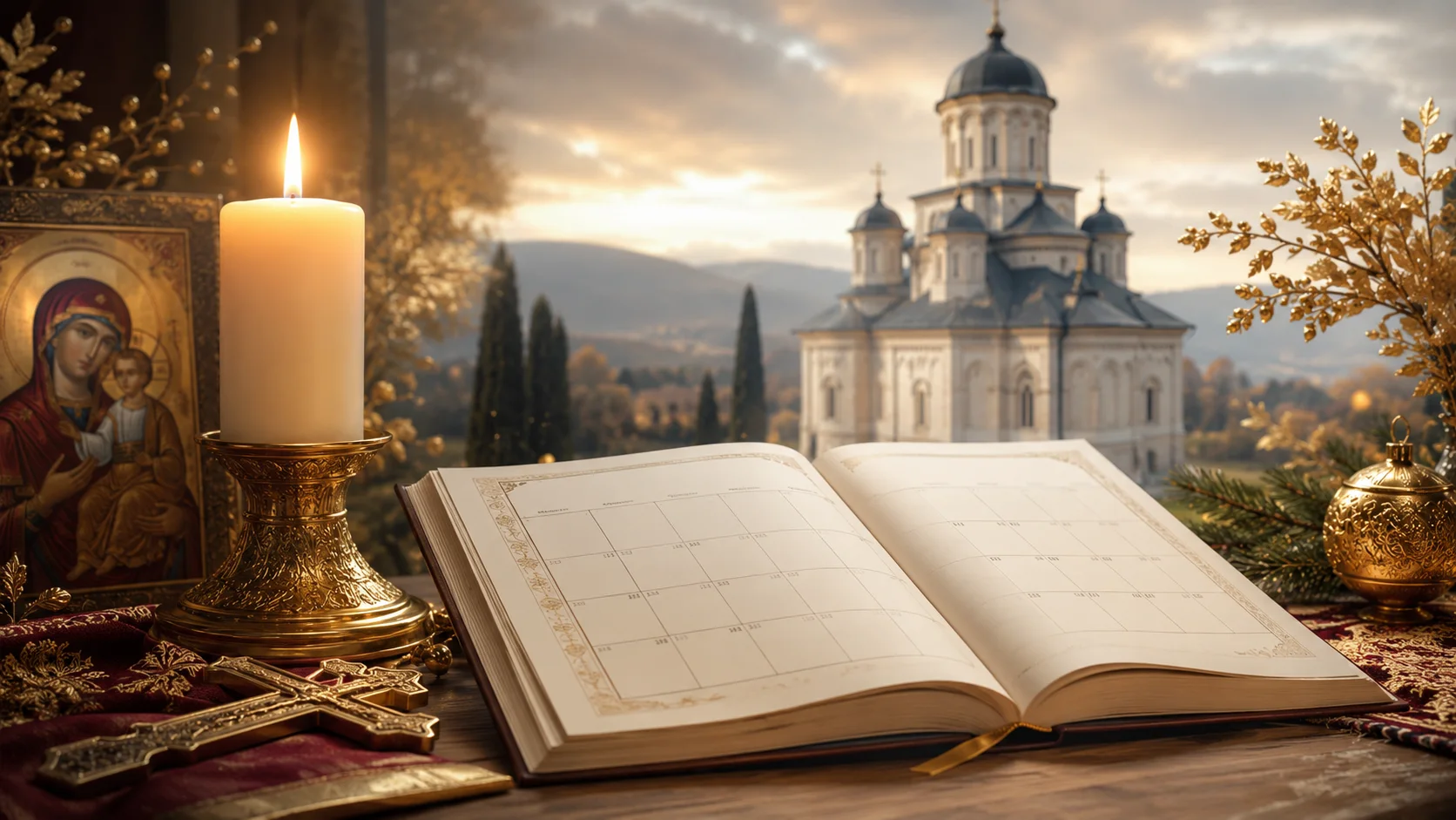 Calendar și lumânare în lumină caldă