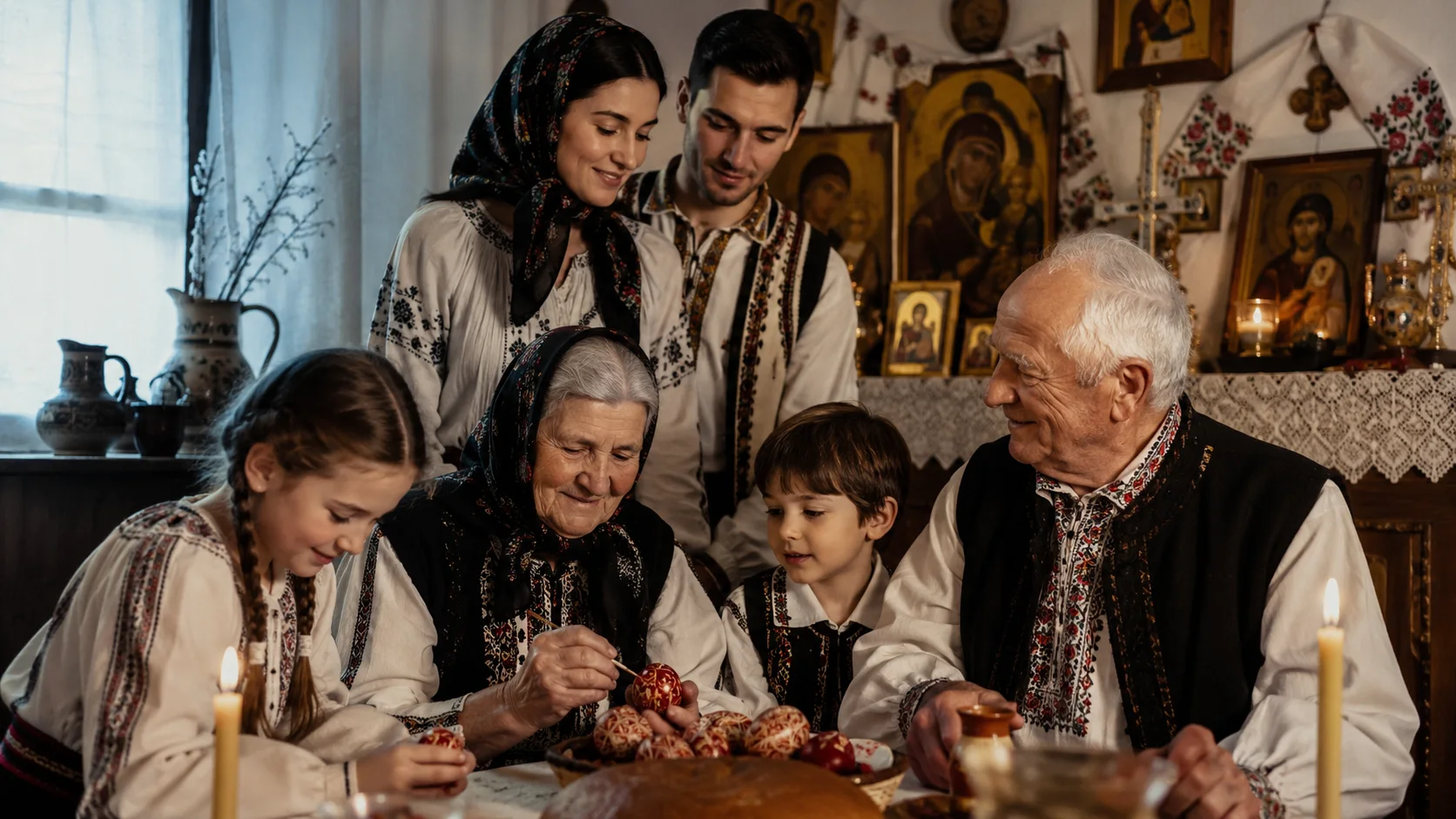 Familie într-o casă tradițională la masă de sărbătoare